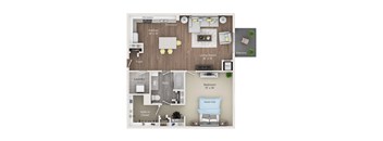 A diagram of a small apartment layout with a living room, kitchen, bedroom, and bathroom.
