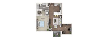 A floor plan of a small apartment with a living room, bedroom, kitchen, and bathroom.