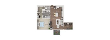 A floor plan of a home showing a living room, kitchen, and two bedrooms.