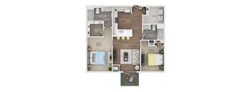 A floor plan of a house with a living room, kitchen, and two bedrooms.