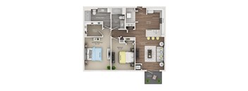 A floor plan of an apartment with a living room, kitchen, and bedrooms.