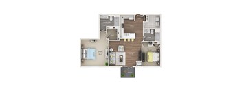 A floor plan of a house with a primary bedroom, living room, kitchen, and bathrooms.