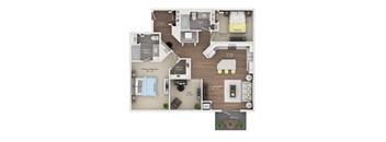 A floor plan of an apartment with a living room, kitchen, and two bedrooms.