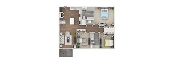 A floor plan of an apartment with a living room, kitchen, and two bedrooms.