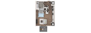 A floor plan of a living space with a living room, kitchen, and bathroom.