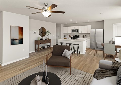 A modern living room with a brown chair in the center.