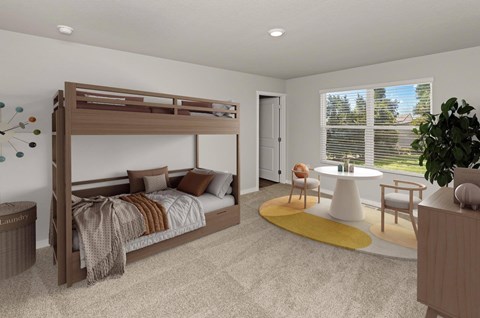 A bedroom with a large bed and a yellow rug.