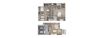A floor plan of a house with three bedrooms, a living room, a kitchen, a garage, a patio, and a laundry area.