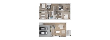 A floor plan of a house with two bedrooms, a living room, a kitchen, a bathroom, a garage, and a potio.