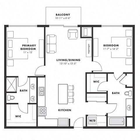 a floor plan of a bedroom apartment with an open floor plan