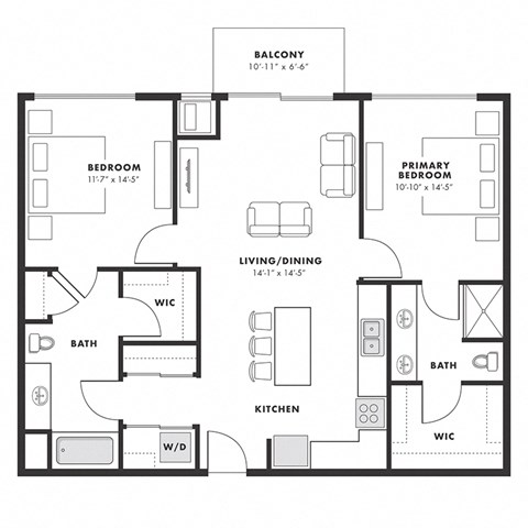 a floor plan of a bedroom apartment with an open floor plan