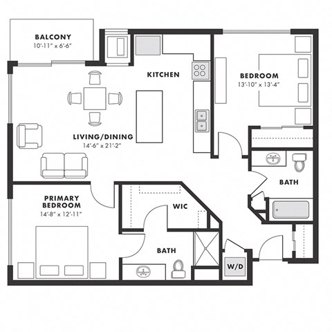 a floor plan of a bedroom apartment with an open floor plan