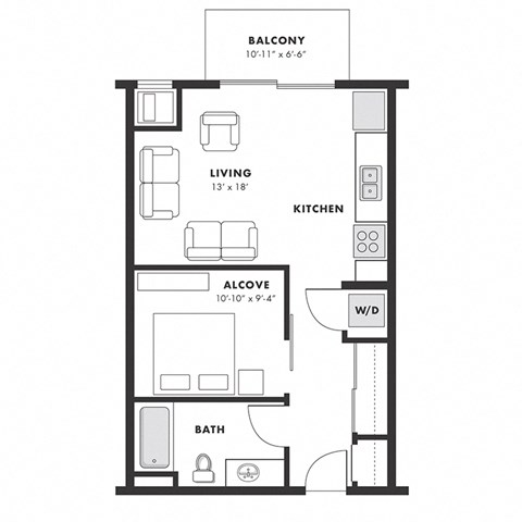 a floor plan of a studio apartment with a bedroom