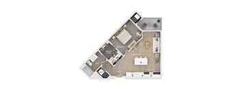 A floor plan of a home showing a living room, kitchen, and bedrooms.