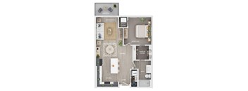 A floor plan of a house showing a living room, kitchen, dining room, and bedrooms.