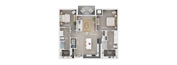 A floor plan of a house showing a living room, kitchen, two bedrooms, a bathroom, and a laundry area.