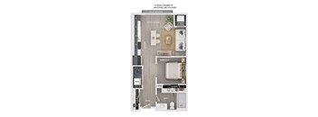 A floor plan of a Juliet balcony apartment with a kitchen, living room, bedroom, bathroom, and closet.