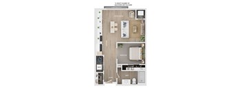 A floor plan of a Juliet balcony apartment with a living room, bedroom, bathroom, and closet.