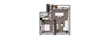 a floor plan of a bedroom with a bathroom and a living room