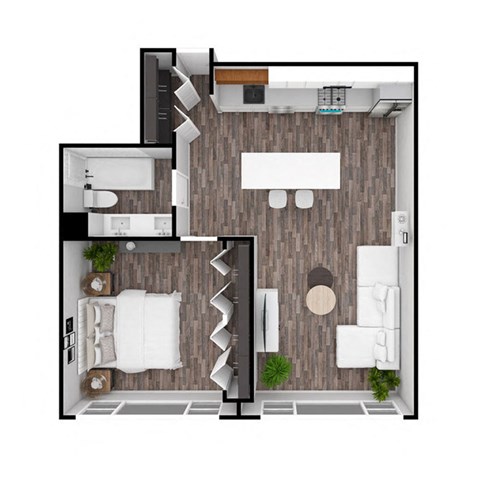 a floor plan of a bedroom with a bathroom and a living room