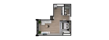 a floor plan of a small apartment with a bathroom and a bedroom