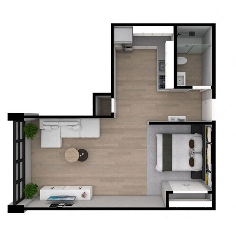 a floor plan of a small apartment with a bathroom and a bedroom