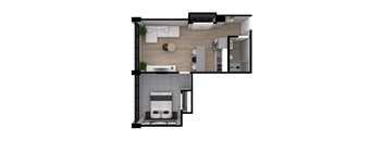 the interior of a small apartment with a bedroom and a bathroom