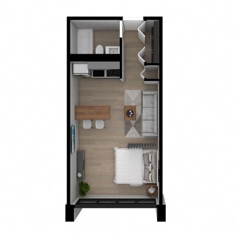 a floor plan of a small apartment with a bedroom and a bathroom