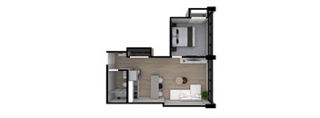 A 3D rendered image of a modern apartment layout.