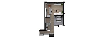 A modern apartment layout with a kitchen, living room, and bathroom.