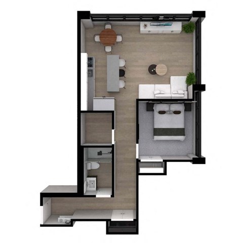 A modern apartment layout with a kitchen, living room, and bathroom.