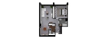 A 3D floor plan of a small apartment with a kitchen, living room, and bedroom.
