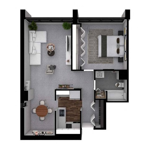 A 3D floor plan of a small apartment with a kitchen, living room, and bedroom.