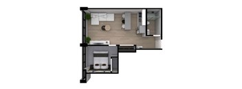 A 3D floor plan of a small apartment with a bedroom and a kitchen.