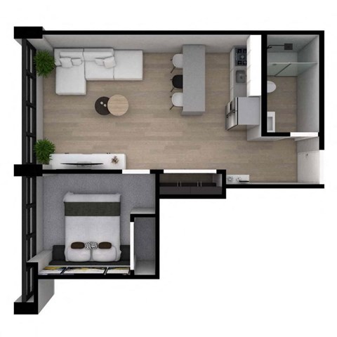 A 3D floor plan of a small apartment with a bedroom and a kitchen.