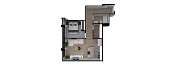 A top-down view of a small apartment with a bedroom, living room, and kitchen.