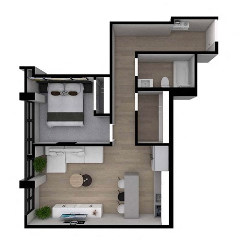 A top-down view of a small apartment with a bedroom, living room, and kitchen.