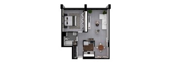 A 3D floor plan of a small apartment with a bedroom, living room, and kitchen.