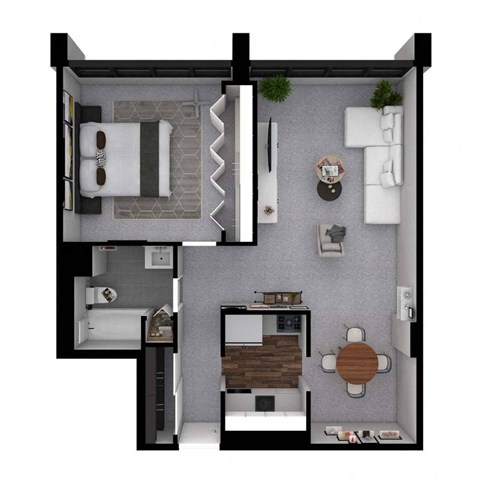 A 3D floor plan of a small apartment with a bedroom, living room, and kitchen.