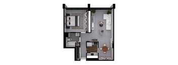 A 3D floor plan of a small apartment with a bedroom, living room, and kitchen.