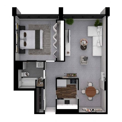 A 3D floor plan of a small apartment with a bedroom, living room, and kitchen.