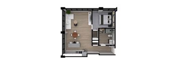 A 3D floor plan of a small apartment with a kitchen, living room, and bathroom.