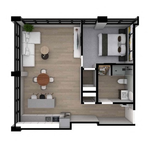 A 3D floor plan of a small apartment with a kitchen, living room, and bathroom.