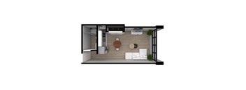 A modern kitchen with a dining area and a living area.
