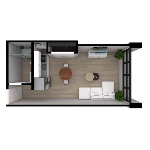 A modern kitchen with a dining area and a living area.