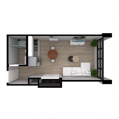 A modern kitchen with a white sofa and a wooden cutting board on the wall.