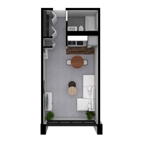 A modern bathroom with a wooden counter and a grey floor.