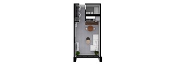 A top-down view of a small apartment with a kitchen, living room, and bathroom.