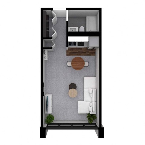A top-down view of a small apartment with a kitchen, living room, and bathroom.