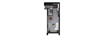 A floor plan of a small apartment with a kitchen, living room, and bathroom.